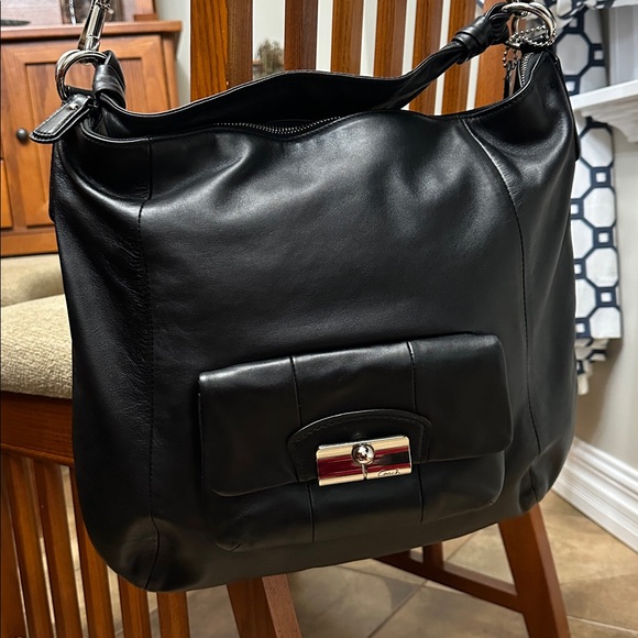 ⭐️#14769 Coach Kristin Black Leather Hobo Bag Silver Hardware Blue Interior - Picture 4 of 13